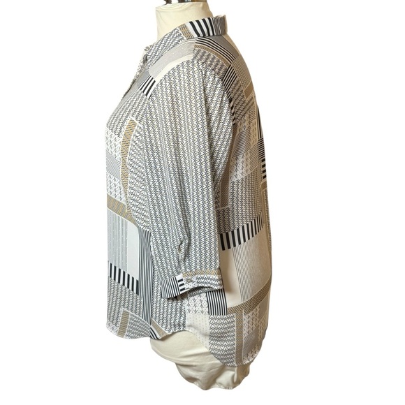 Rose And Olive Plus Button Up Top Womens 1X Neutral Patchwork Business Casual - Picture 2 of 10